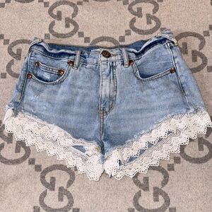 Free People Lacey Lace Blue Jean Shorts with White Lace Trim